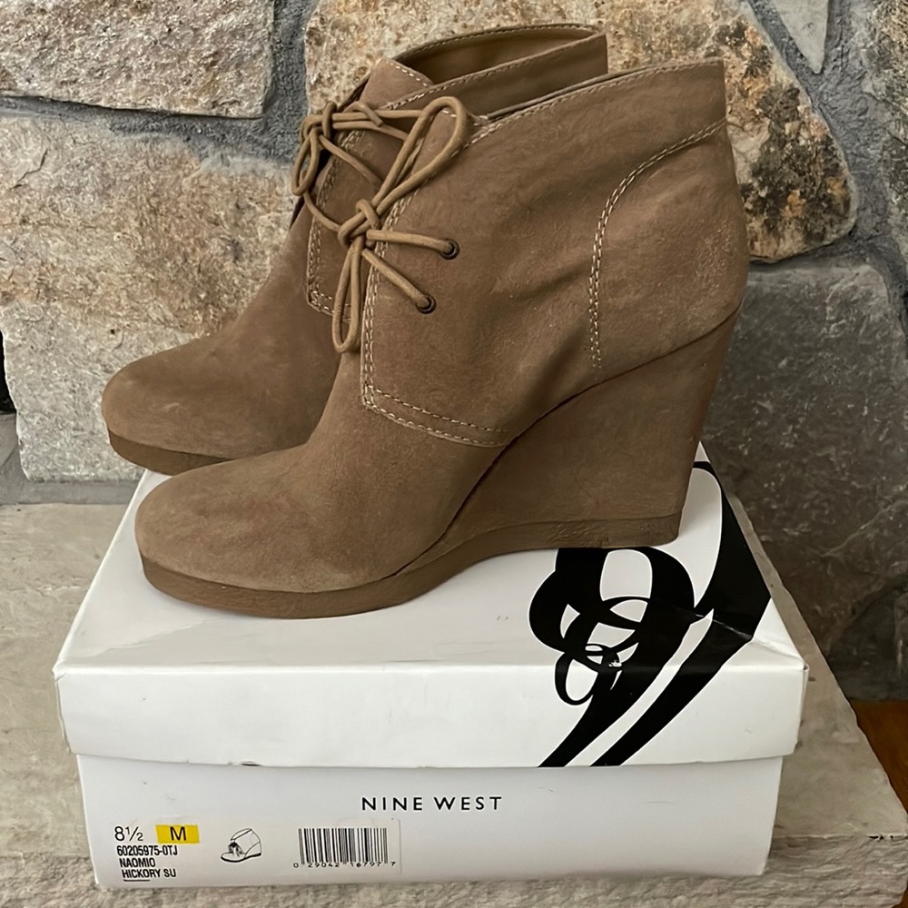 Nine West Naomio Beige Suede Wedge Bootie | size 8.5 | new in box
